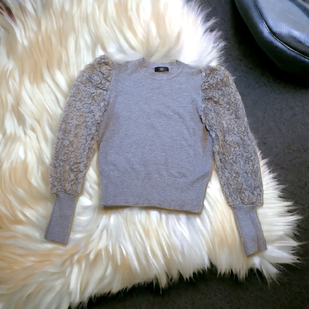 Fitted puff arm knit jumper with embellished mesh sleeves, UK size 10 12, AS NEW - Picture 3 of 12